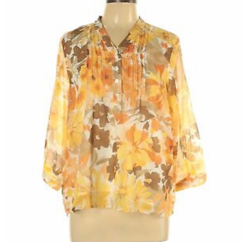 Coldwater Creek Yellow Floral Blouse 3/4 Sleeve M